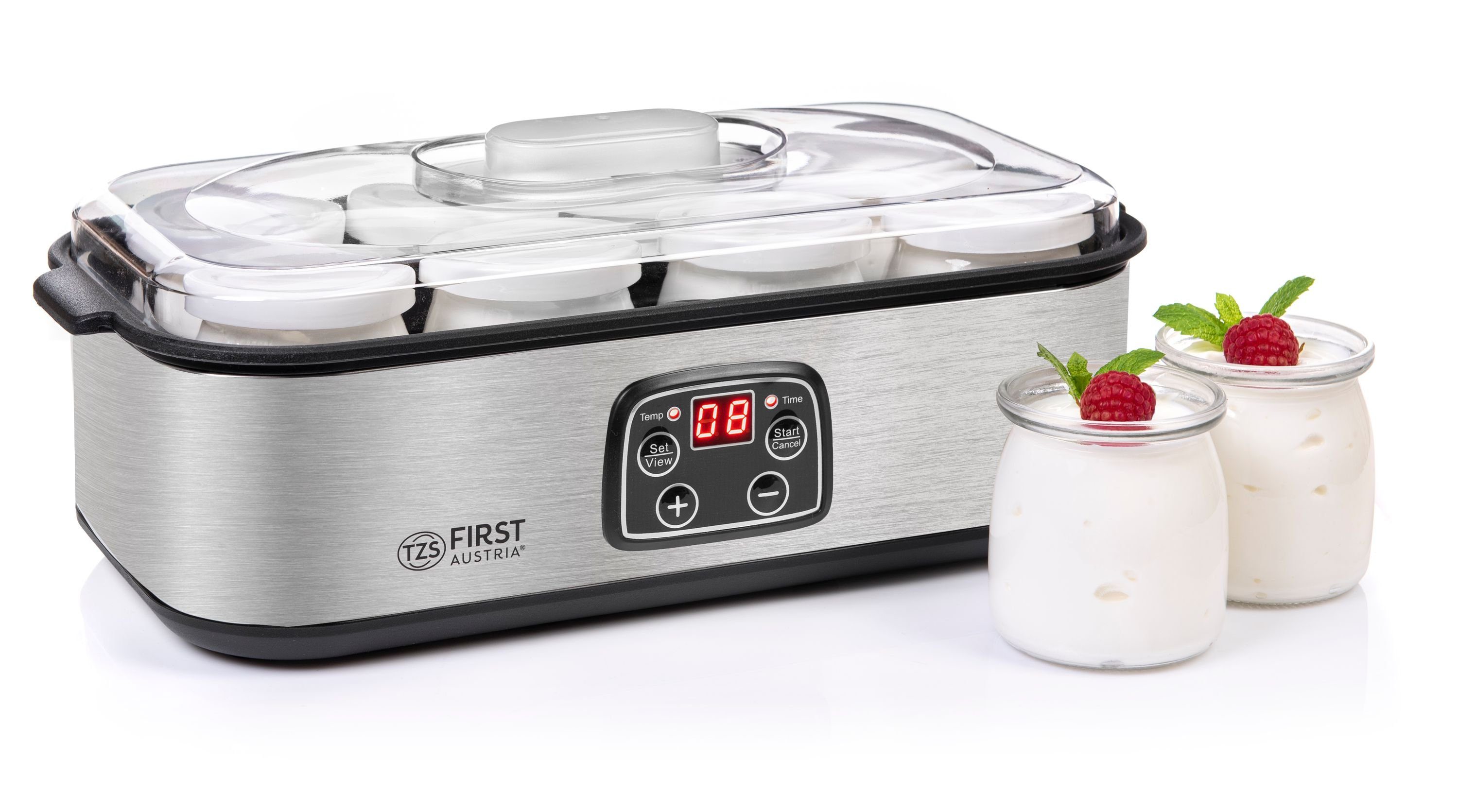 TZS FIRST AUSTRIA Joghurtbereiter Elektischer Joghurtbereiter, Joghurt Maker, 30 W, 8 Gläser, 190 ml, LCD-Display, Temperatureinstellung, Timer- und Auto-Stop-Funktion