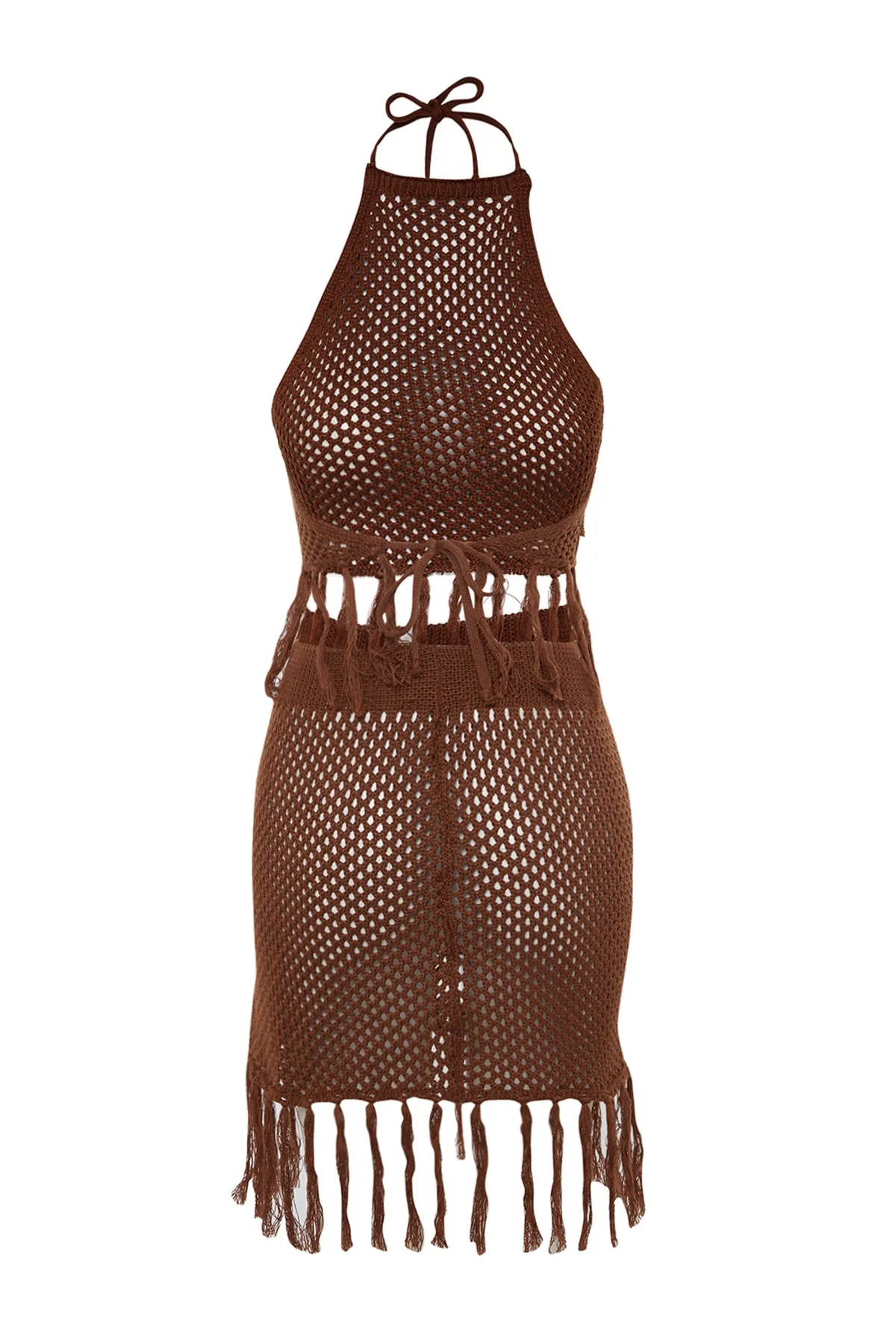 Trendyol Collection  Braunes Strick-Bluse-Rock-Set mit Quasten TBESS23AU00166
