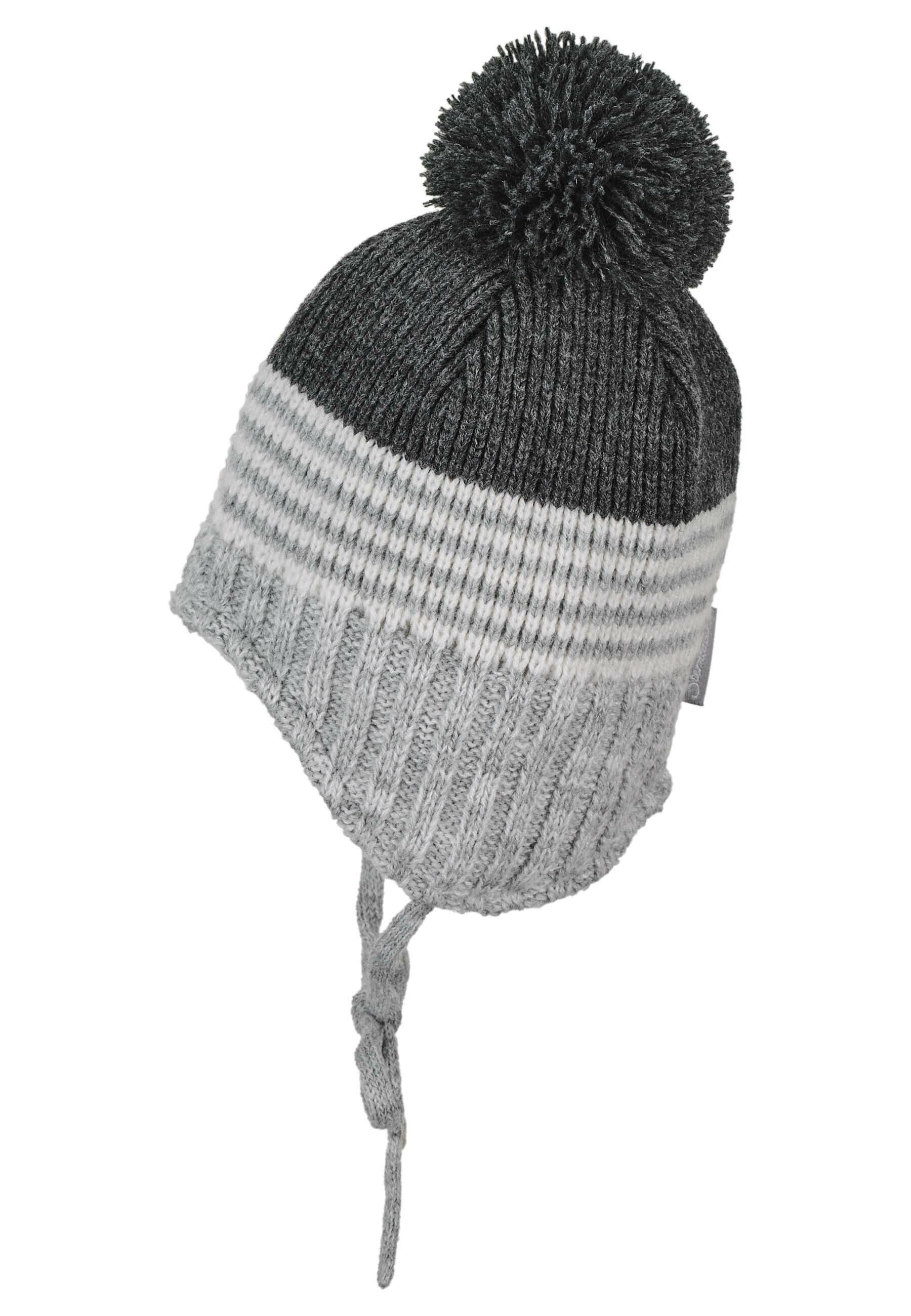 Strickmütze im Mustermix mit Bommel und Bindeband