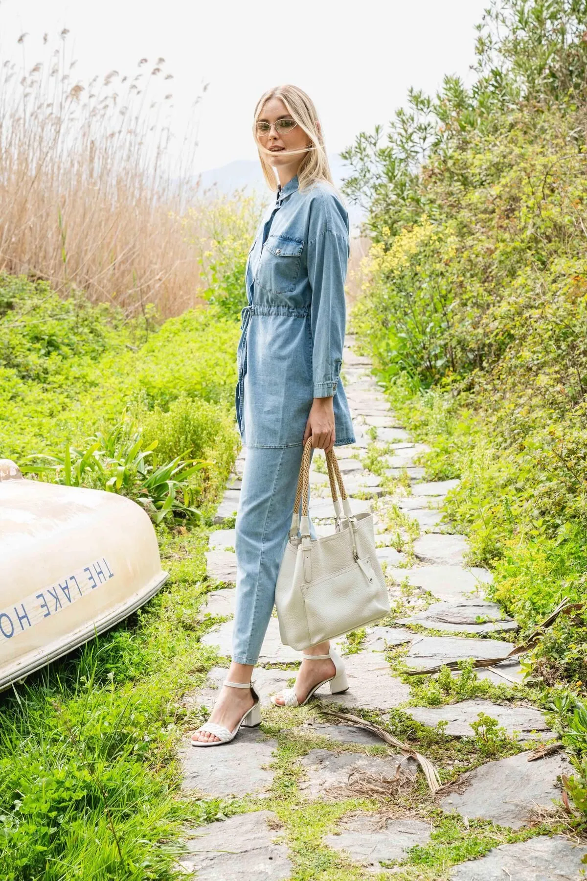 Olcay  Tuniği Kordelzug Taille Hose Dünne Denim Set mit Elastische Taille BLAU 9226-TK