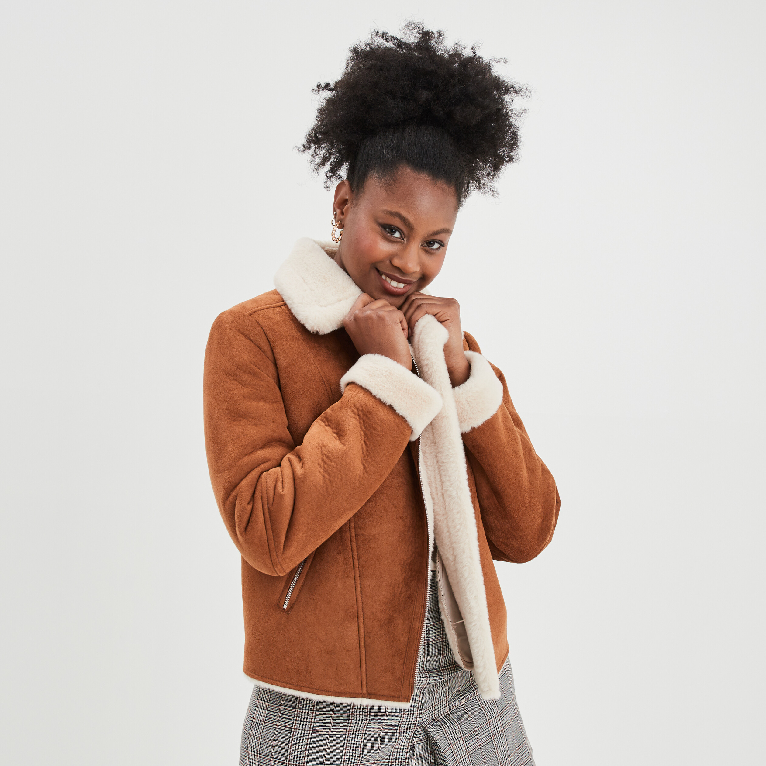 Veste peau lainée zippée Creeks camel femme | La Halle