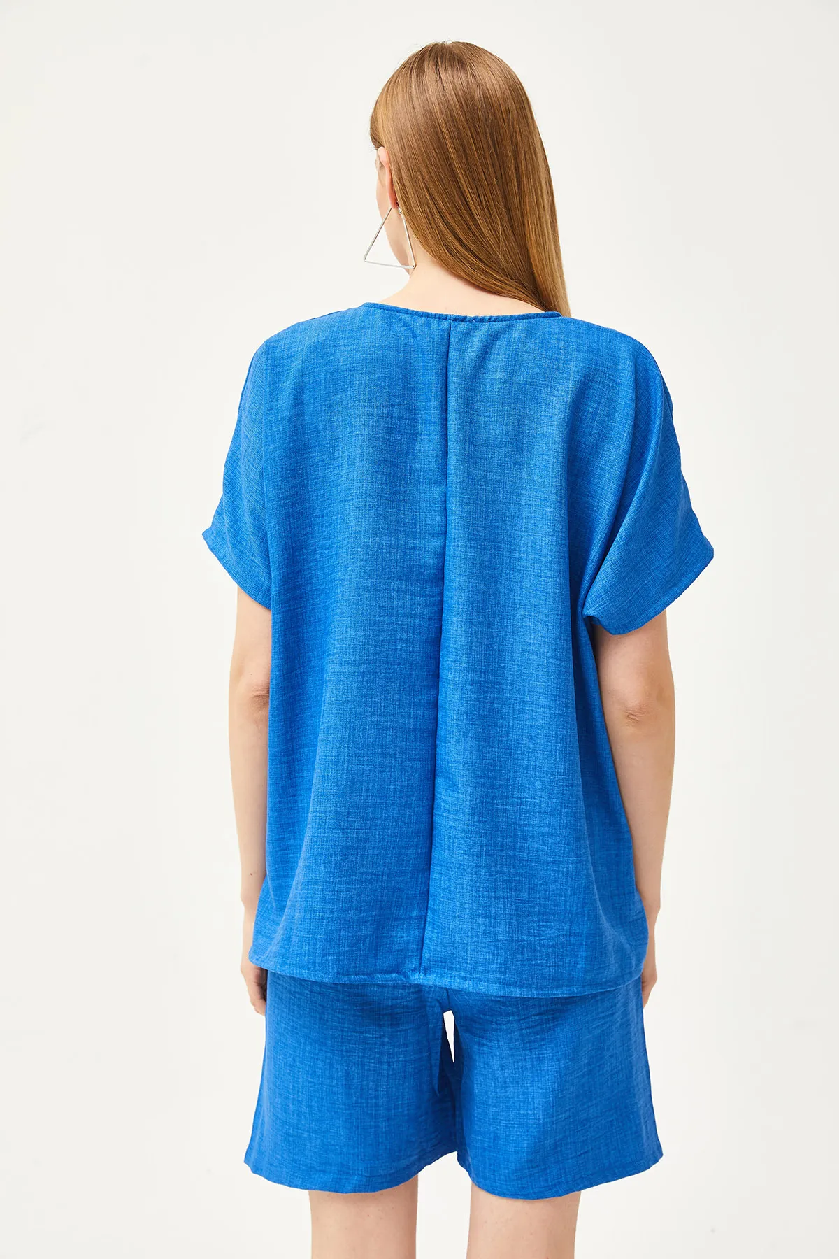 Olalook  Damen Saks Blaues Top Lockere Bluse Shorts mit Untertasche Leineninhalt Set TKM-19000268