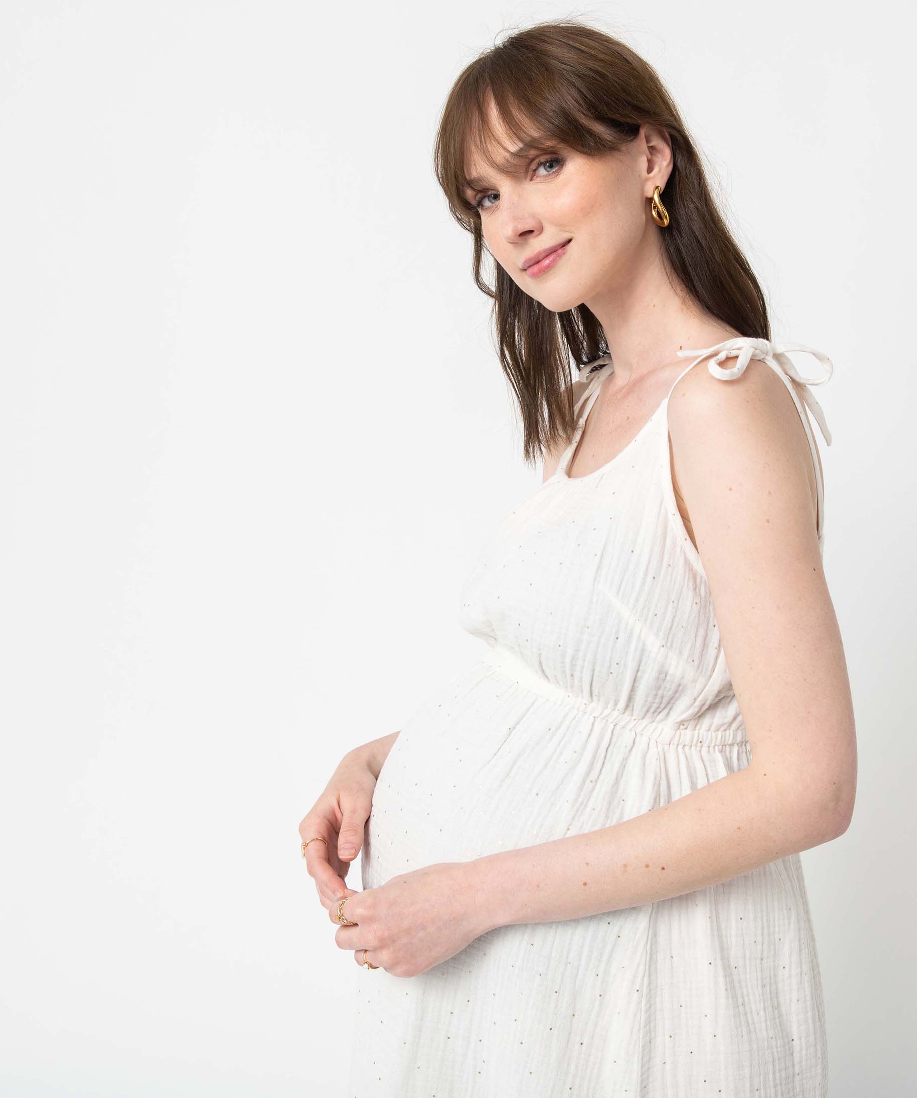 Robe de grossesse à fines bretelles en gaze de coton ecru | GEMO