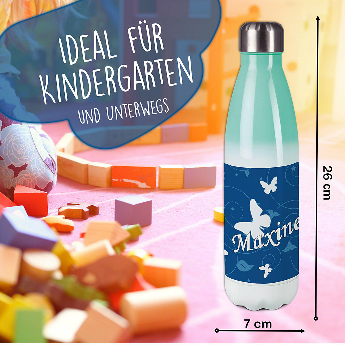 Edelstahl Kinder Thermoflasche / Trinkflasche bunt Schmetterling Ornamente Farbe blau Spülmaschinenfest, Auslaufsicher, Bruchfest, Doppelwandig, Für Heißgetränke geeignet, Mit Deckel, Isoliert