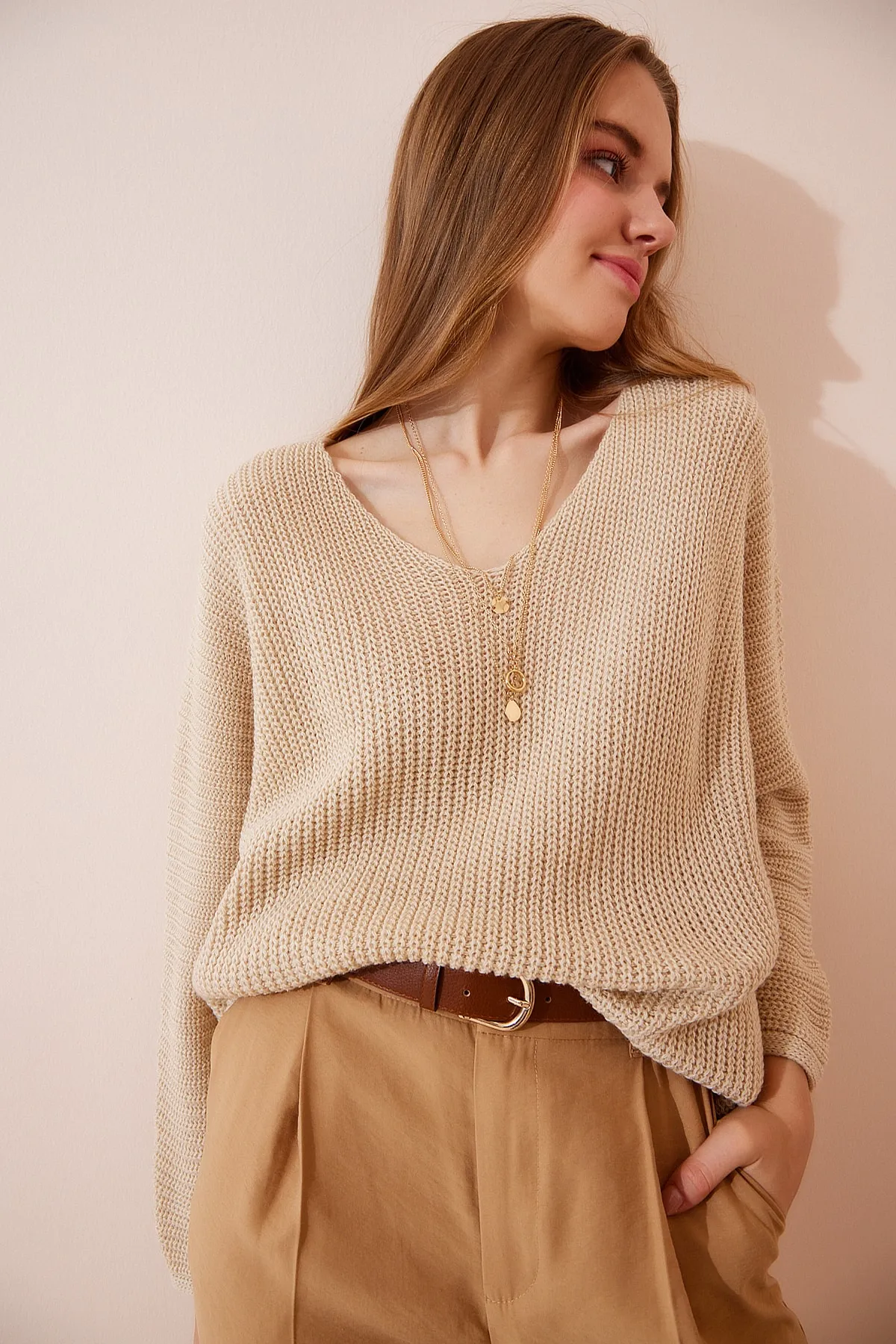 Happiness İstanbul  Pullover - Beige - Oversized