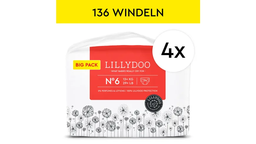 LILLYDOO hautfreundliche Windeln Gr. 6 (13+ kg), Monatsbox 136 Stück
