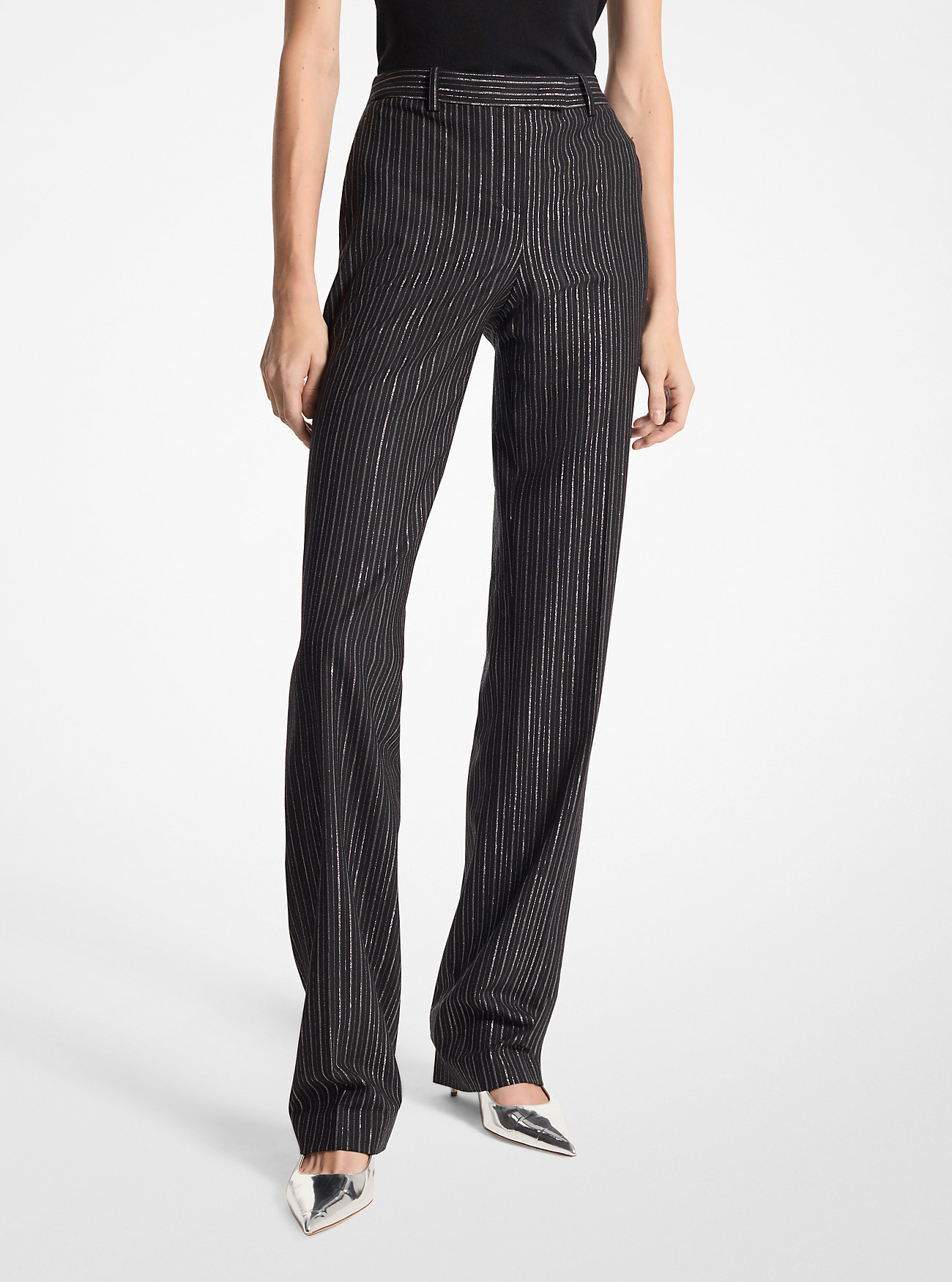 Carolyn Metallic Pinstripe Stretch Ullbukser - SVART/SØLV