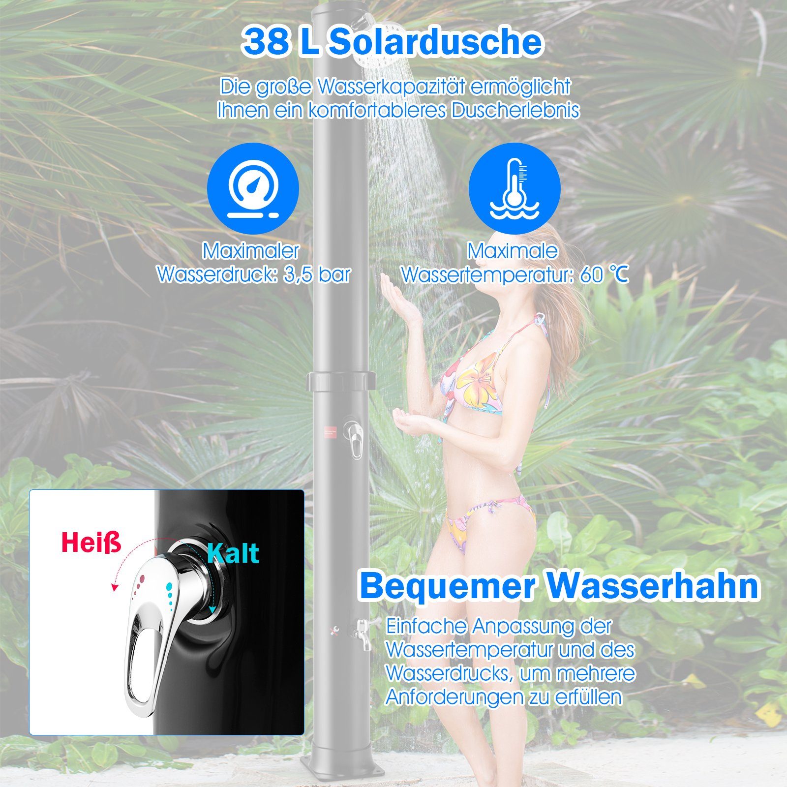COSTWAY Solardusche 38L Gartendusche, mit Fußdusche, Wasserhahn