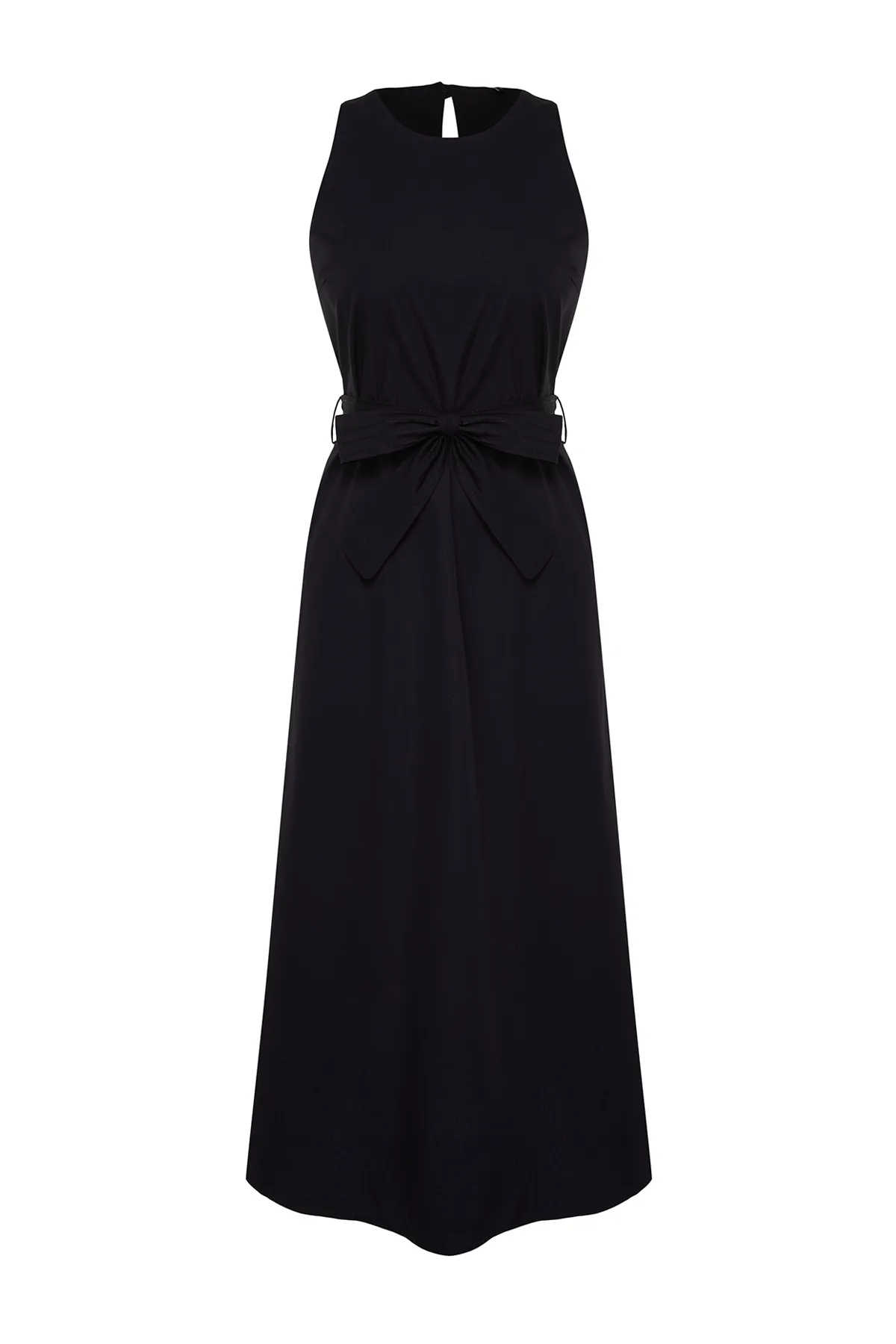 Trendyol Collection  Marineblaues, gewebtes Midikleid aus 100 % Baumwollpopeline mit Gürtel und Tasche TWOSS24EL00338