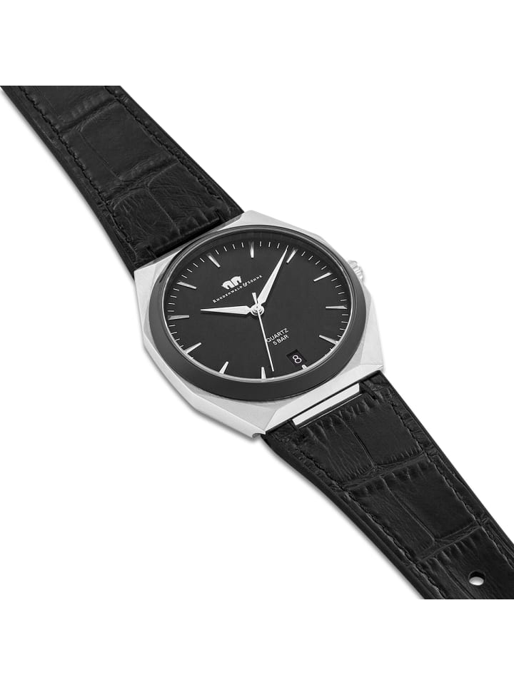 Rhodenwald & Söhne Herren Quarzuhr silber Echtleder/Silikon schwarz in schwarz günstig kaufen 21,5 cm