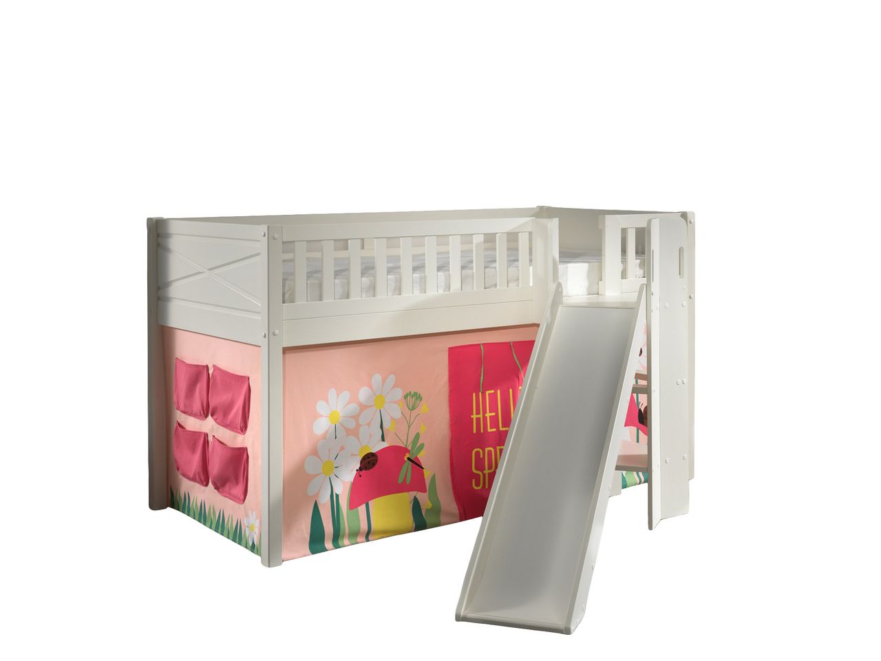 VIPACK Spielbett SCOTT, LF 90 x 200 cm, mit Rolllattenrost, Rutsche, Leiter und Textilset Vorhang 