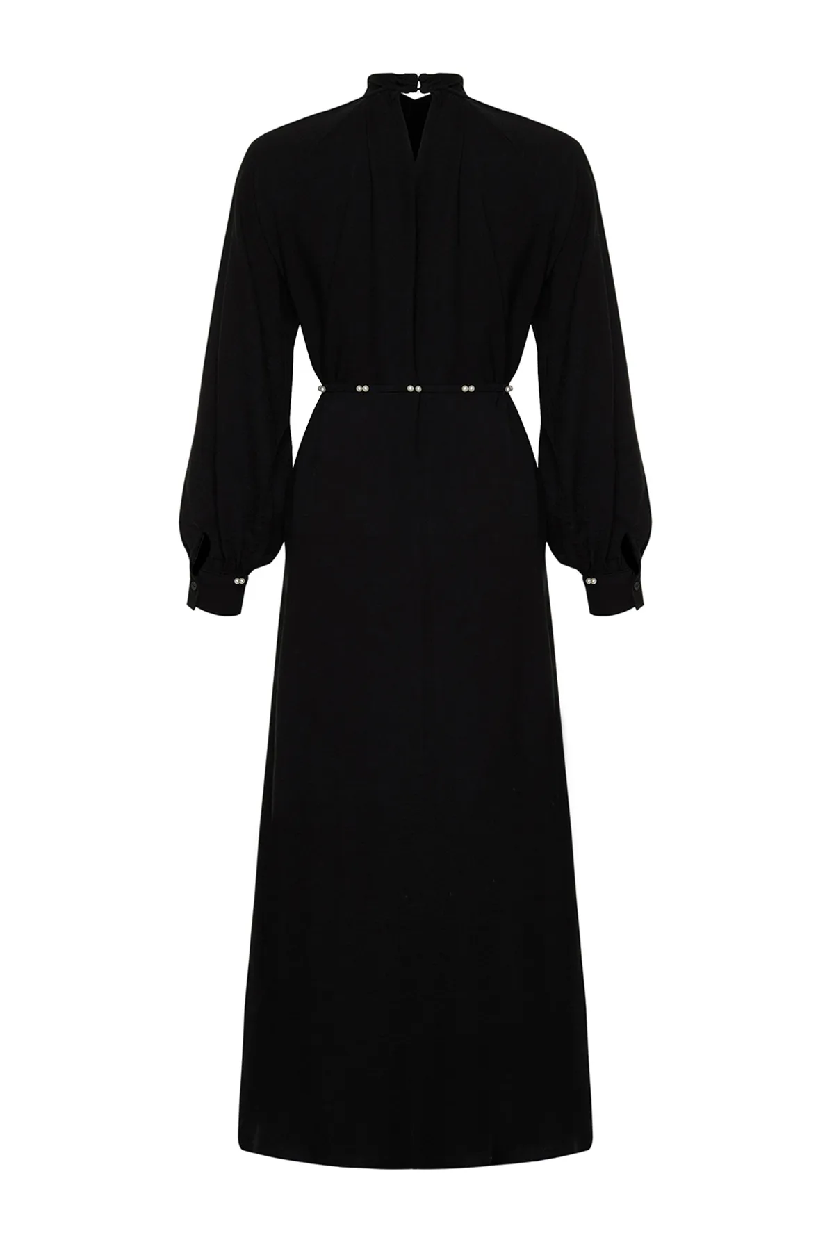 Trendyol Modest  Schwarzes, gewebtes Kleid mit Stehkragen und Perlengürtel TCTSS24EB00125