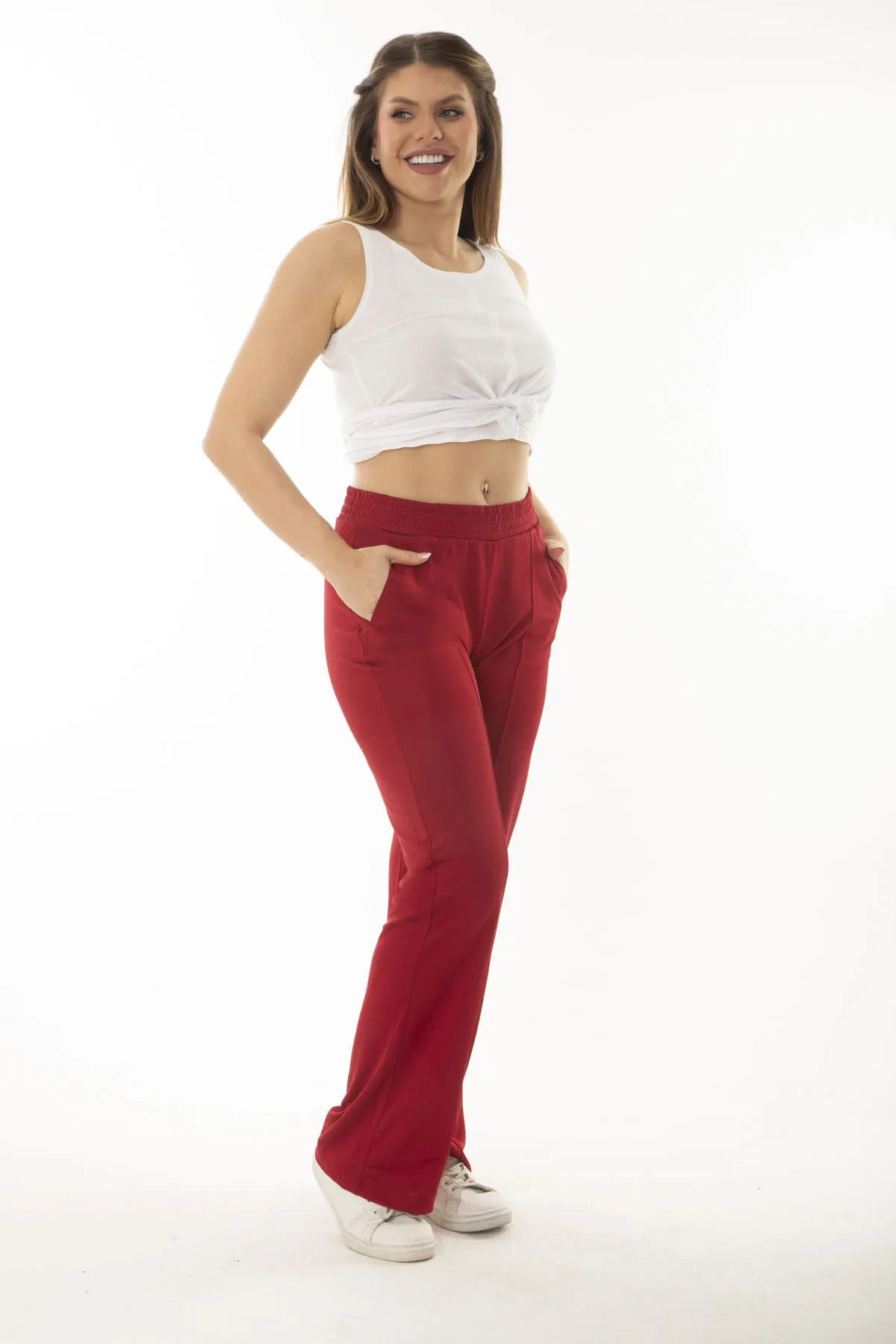 Şans  Damen-Trainingshose, große Größe, weinrot, Seitentasche, elastische Taille, weites Bein, 65N37055