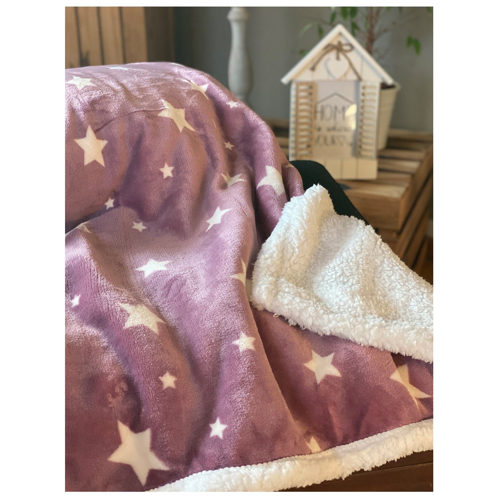 Wohndecke Soft Flanell Sterne Kuscheldecke mit Sherpa Fell, heimtexland, Sofadecke 150x200 I extra dick I warm I kuschelig weich