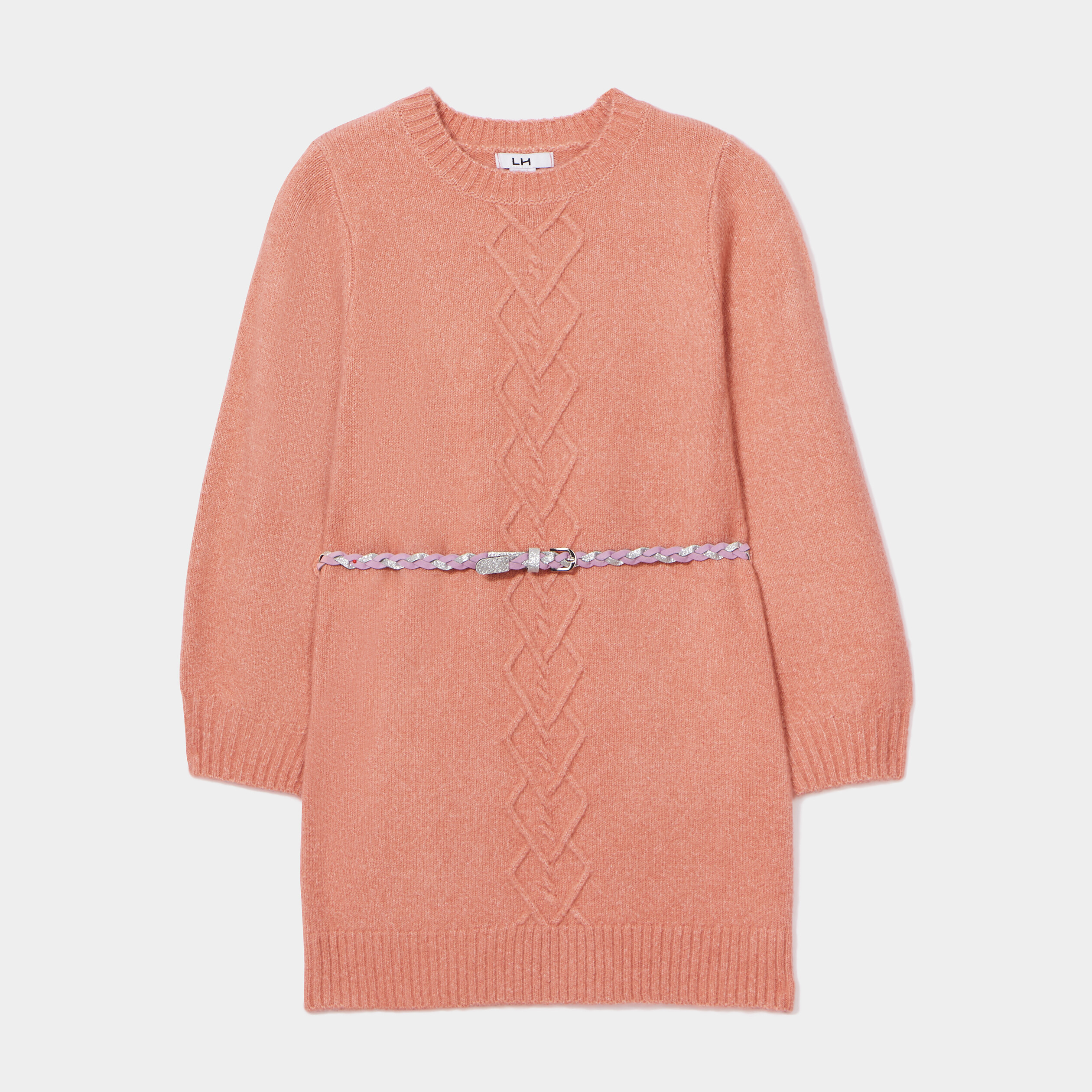 Robe pull avec torsades et ceinture rose fille | La Halle