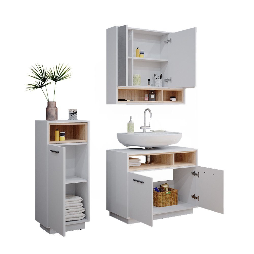 Vicco Badmöbel-Set Badezimmerset BEATRICE Weiß / Sonoma Set 3, (3-er Set, 3-St., 3-er Set)