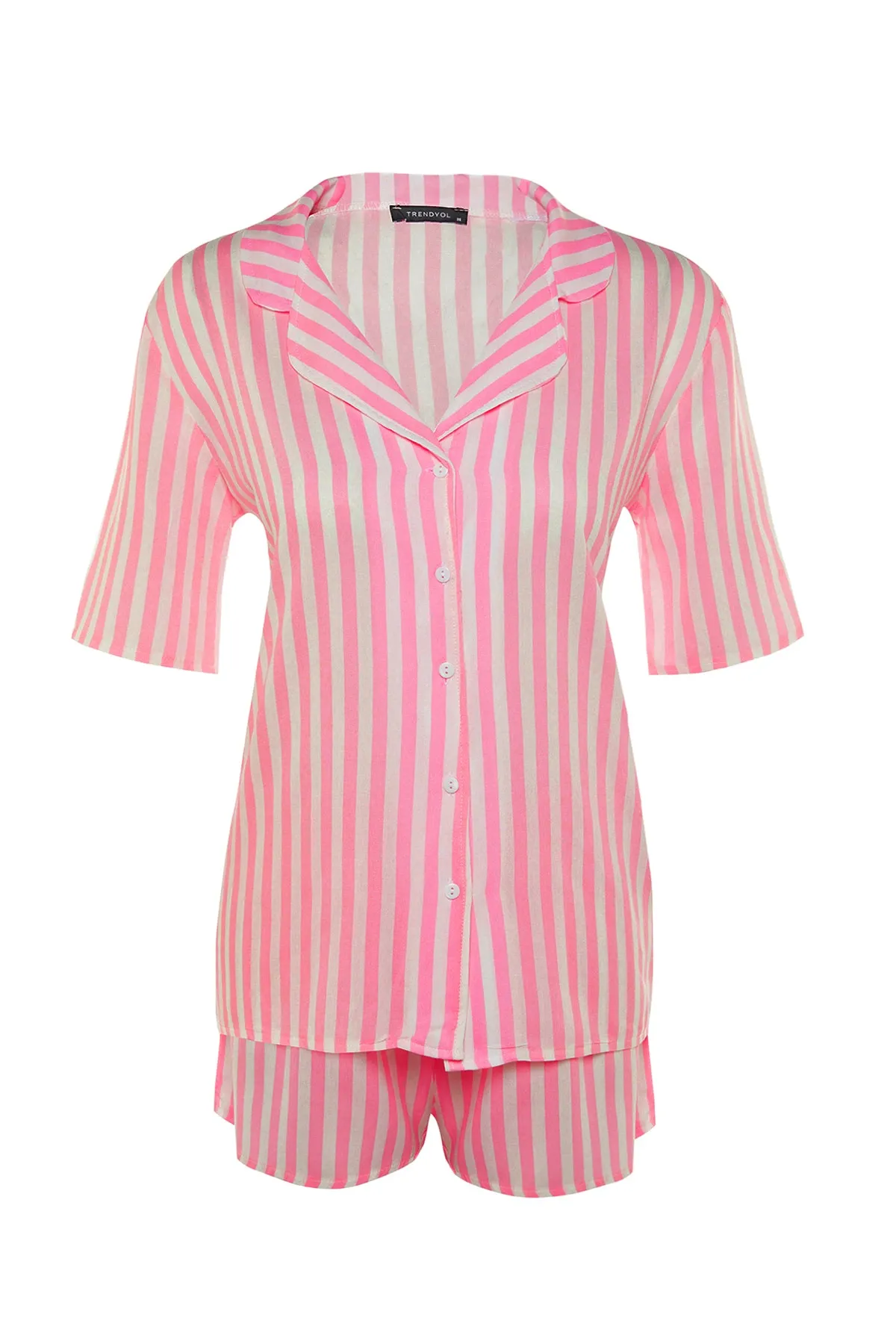 Trendyol Collection  Rosa gestreiftes Viskose-Hemd-Shorts-Pyjama-Set mit weitem Schnitt THMSS21PT0179