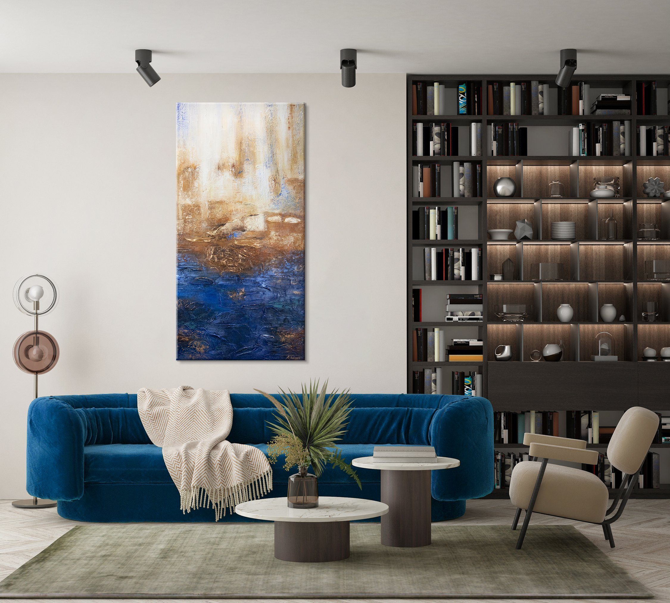 YS-Art Gemälde Marine II, Abstrakte Bilder, Vertikales Leinwand Bild Handgemalt Blau Gold Abstrakt