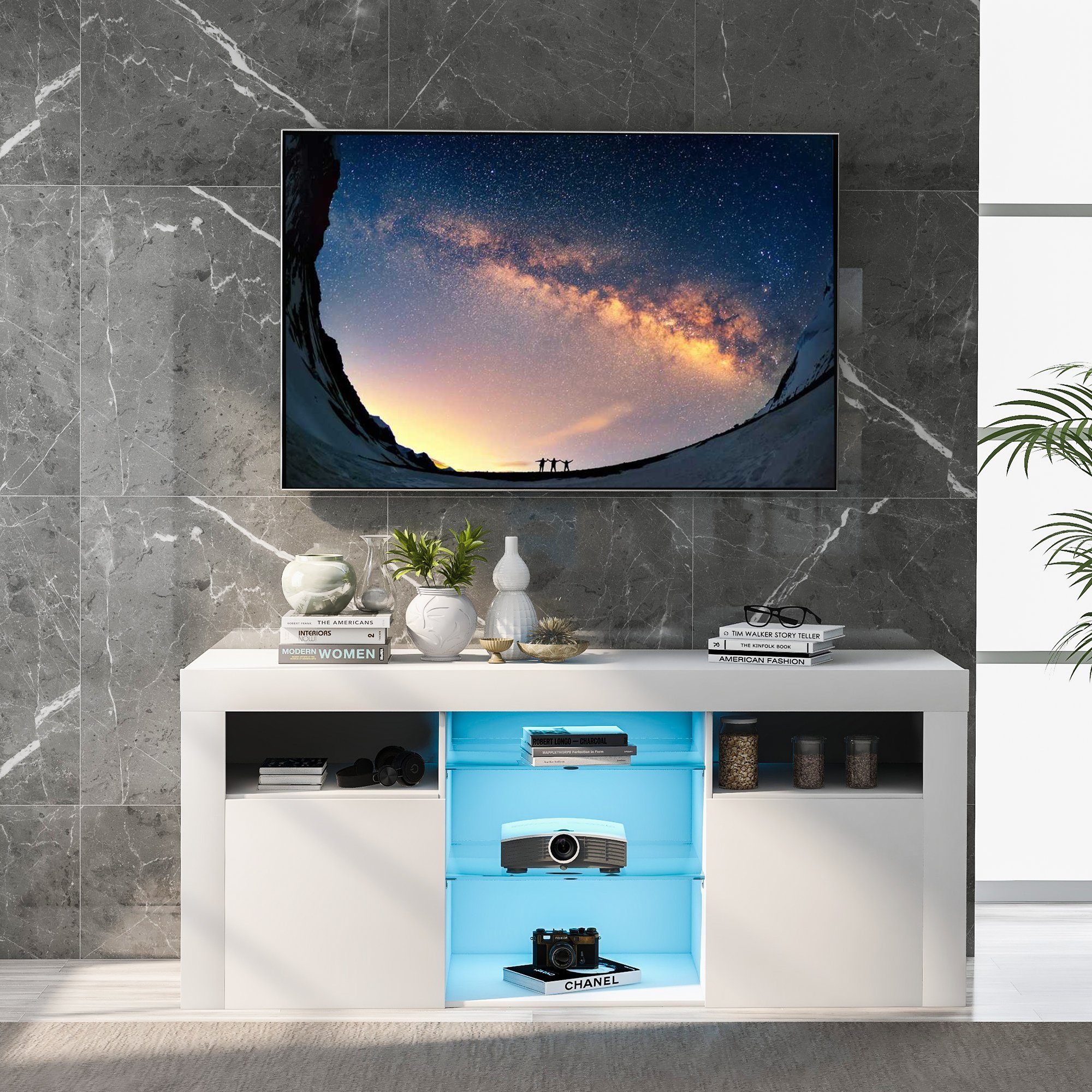 Fangqi Lowboard LED-TV-Ständer 120 cm Schranktisch, mit 16-Farben-LED-RGB-Leuchten (Fernbedienung, 4 Blitzeffekten, TV-Board,TV Schrank Fernsehtisch Fernsehschrank, Moderne TV-Einheit), Aufbewahrung (5 großen offenen Regalen und 2 Schränken mit Türen