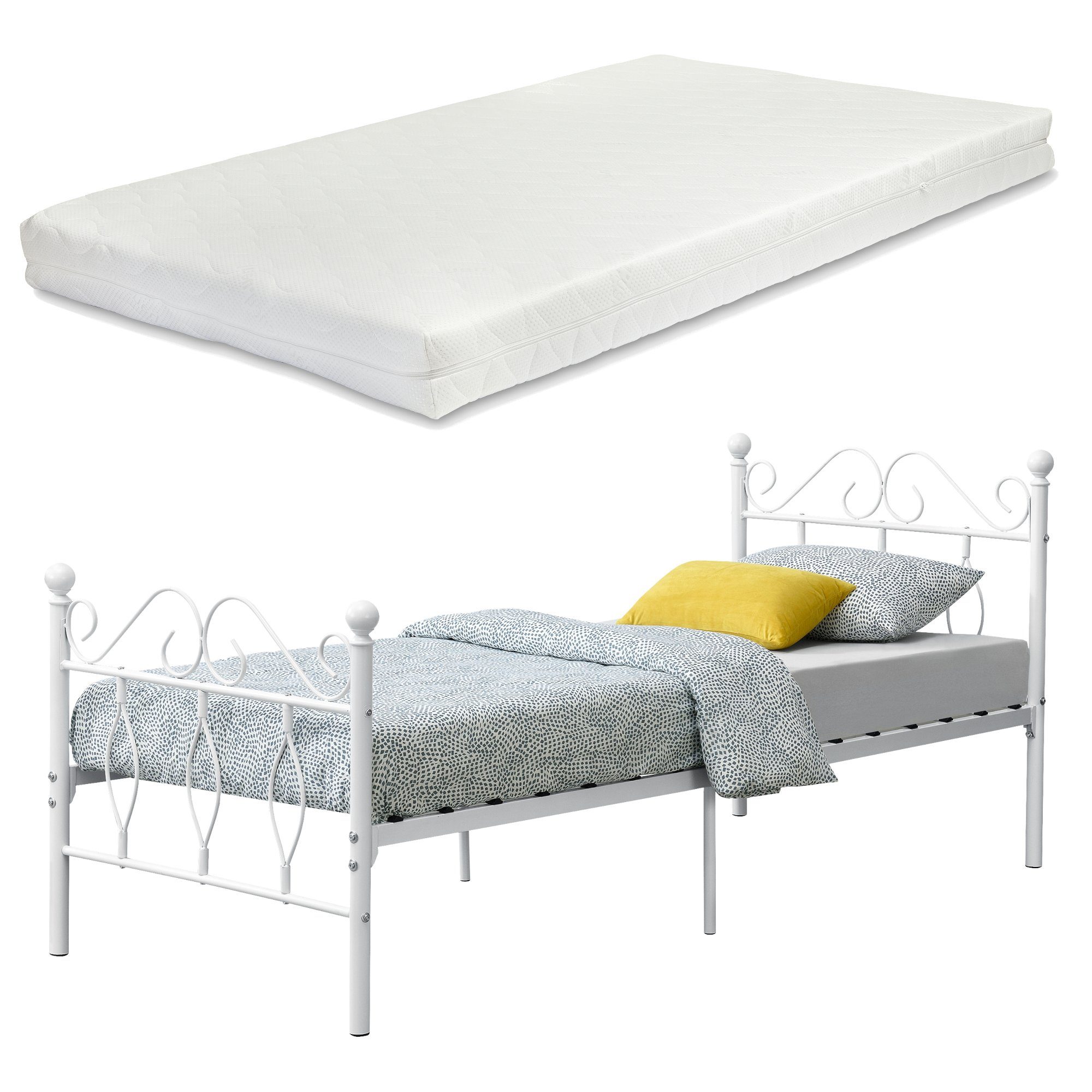 en.casa Metallbett, Apolda Gästebett mit Kaltschaummatratze 90x200 cm Weiß
