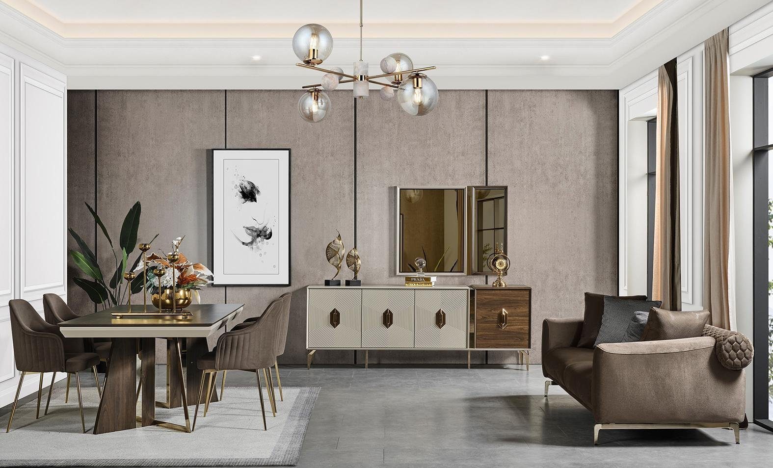 JVmoebel Esszimmer-Set Luxuriöses Esszimmer Set Stilvoler Esstisch 6x Stühle Sideboard, (9-St., Esstisch, 6x Stühle, Sideboard, Spiegel), Made in Europa
