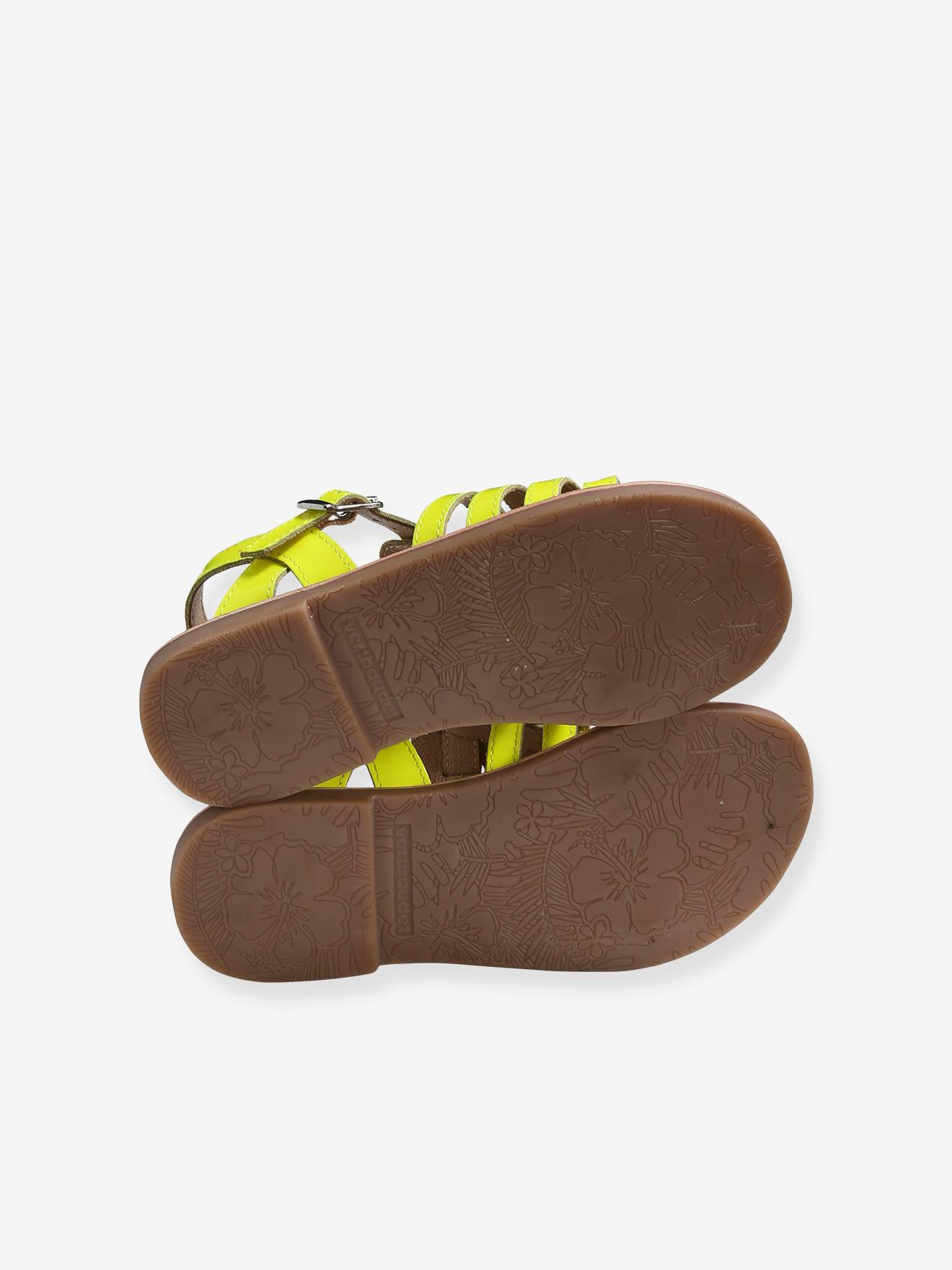 Sandales multi-brides cuir fille jaune fluo
