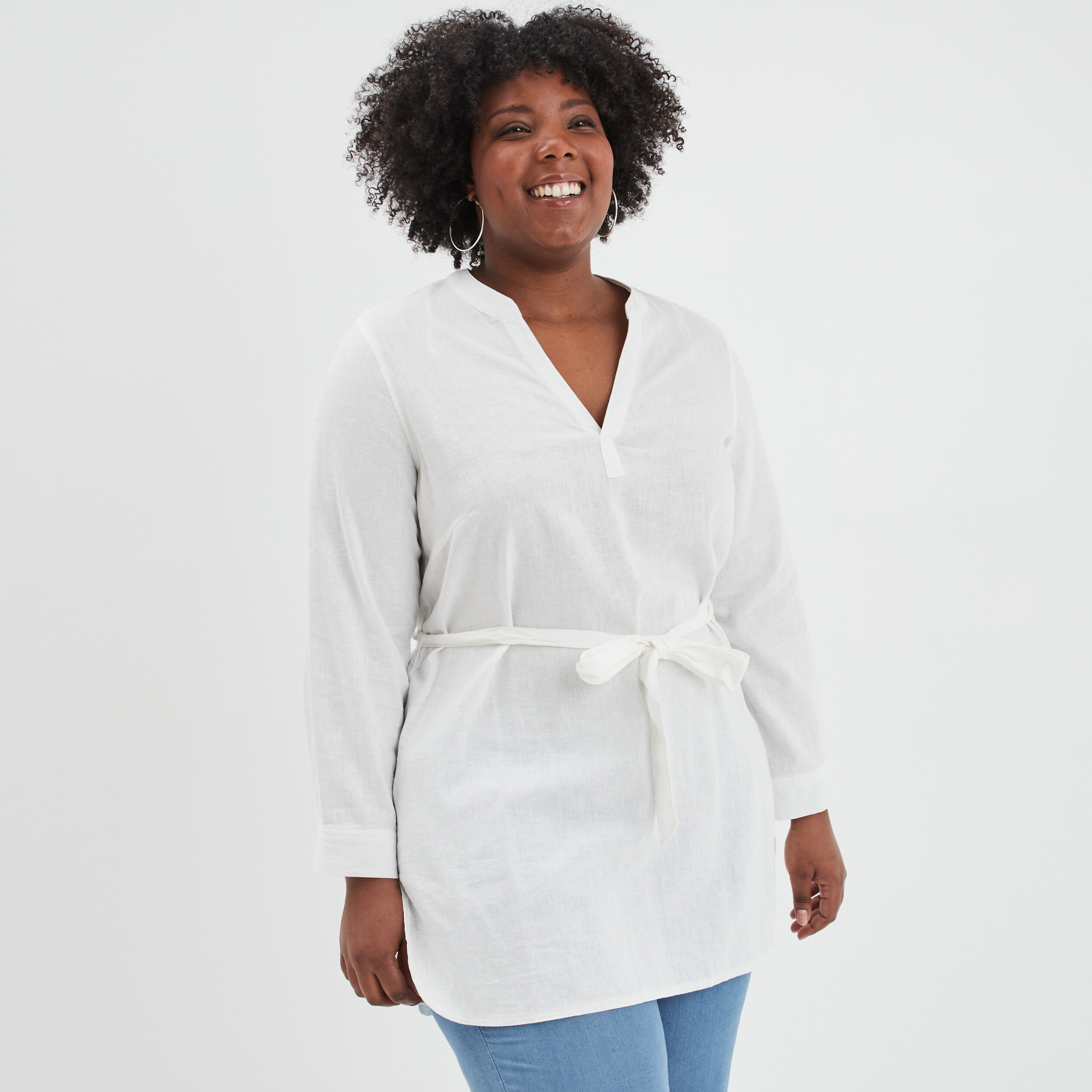 Blouse droite ceinturée lin majoritaire blanc femme grande taille | La Halle