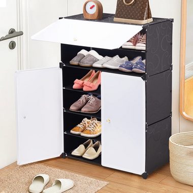 Wenta Schuhregal Modularer Schuhschrank schwarz 6-Ebenen, Doppeltüriger Schuhregal Hoch, 61x31x93cm, Platz für 18-30 Paar Schuhe