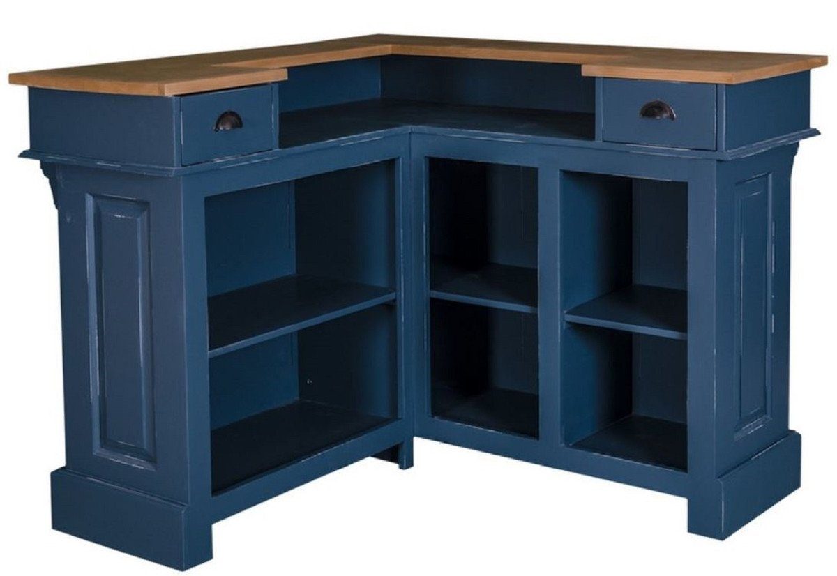Casa Padrino Barschrank Landhausstil Theke Antik Dunkelblau / Naturfarben 140 x 140 x H. 107 cm - Thekentisch mit 2 Schubladen - Landhausstil Möbel