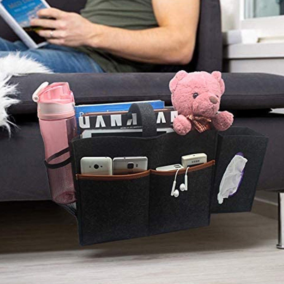 ZmdecQna Betttasche Filz Betttasche Anti-Rutsch Sofa für Buch, Handy, Fernbedienung