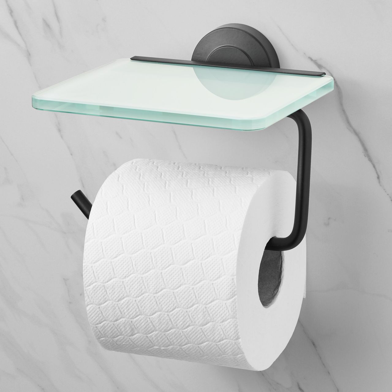 Weles Papierrollenhalter mit Glasablage aus Edelstahl - schwarz