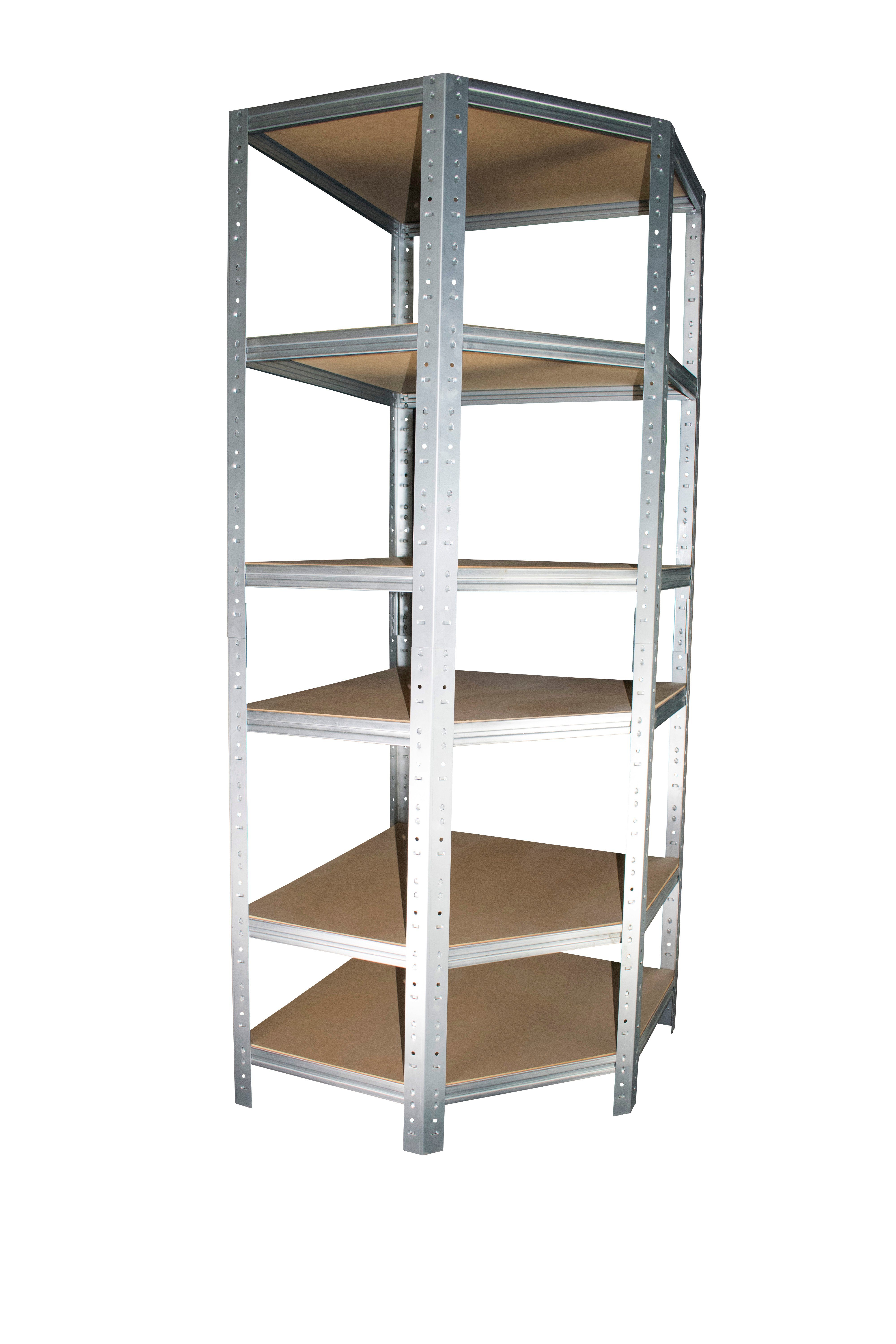 shelfplaza Eckregal HOME, 230x90x60cm verzinkt, Metall Eckregal stehend mit 6 Böden, Corner Shelf 145kg Tragkraft Schwerlastregal Ecke, Steckregal verzinkt Eckregal Keller Garagen Regal