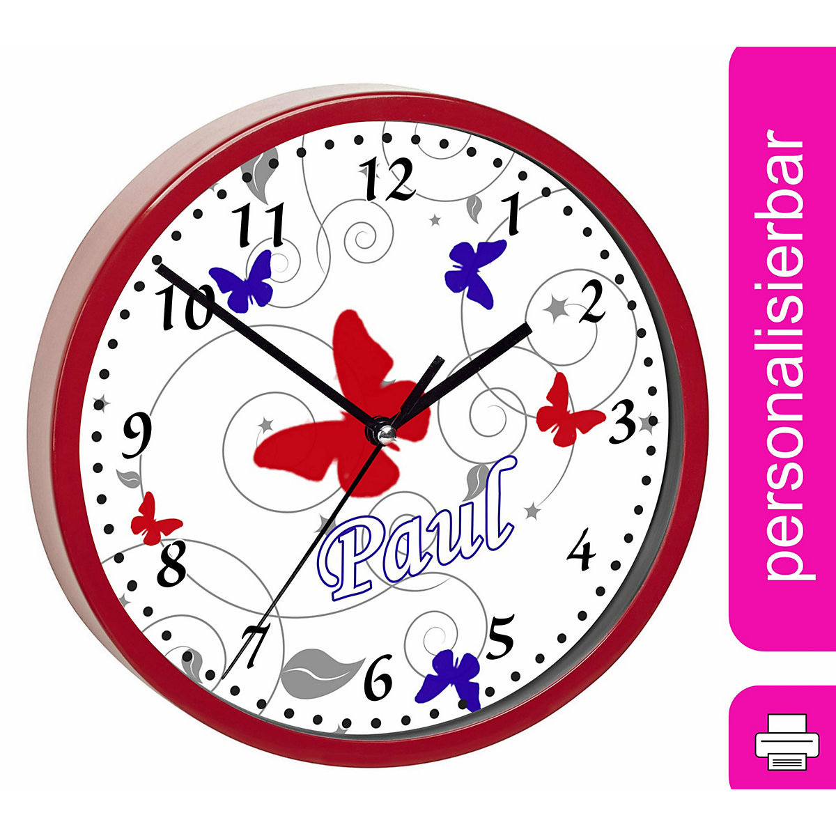 Kinder Wanduhr personalisiert mit Name Schmetterling Rot Blau Grau