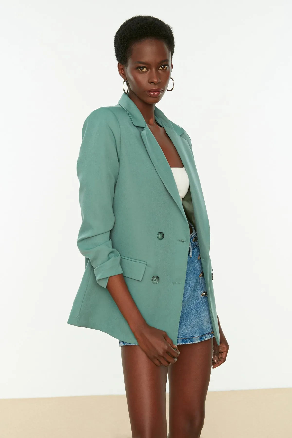 Trendyol Collection  Mintfarbene, gewebte, gefütterte Zweireiher-Blazerjacke TWOAW21CE0264
