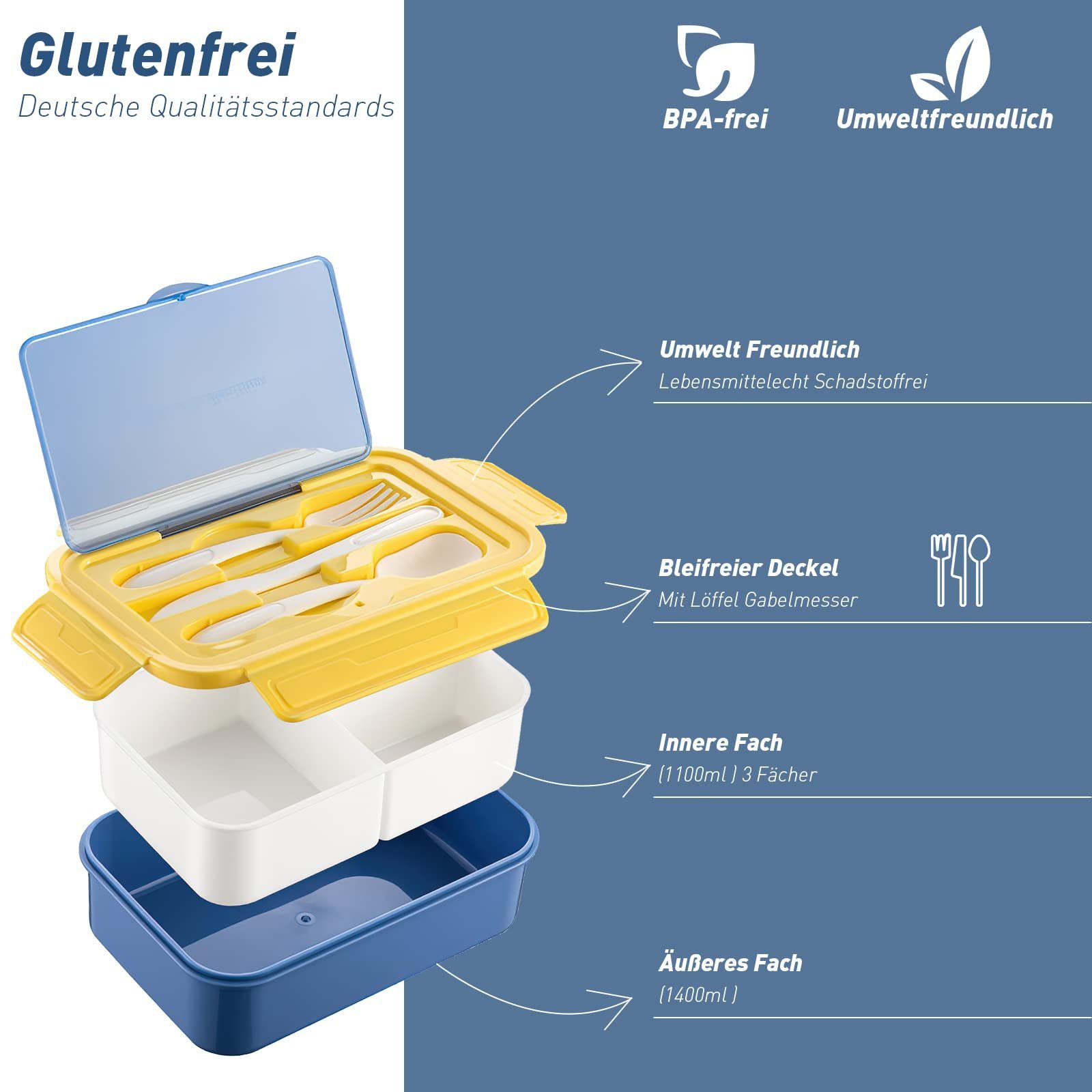 MDHAND Lunchbox 1400ml Lunchbox für Erwachsene, Brotdose Kinder, PP5, (1-tlg), mit 3 FäChern für Schule Arbeit Picknick Reisen
