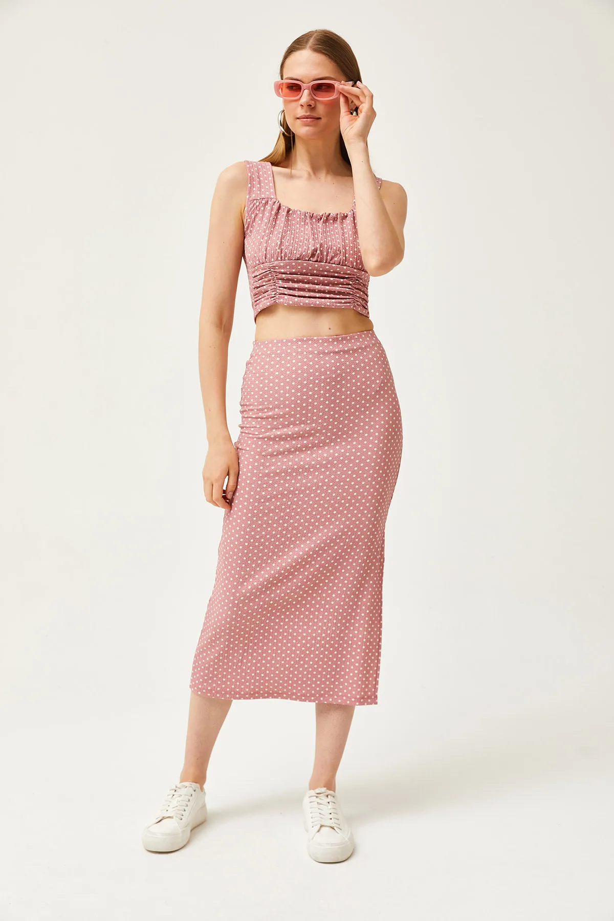 Olalook  Damen Getrocknete Rose Polka Dot Top Bluse Unterrock Strickunterteil Top Set TKM-19000281