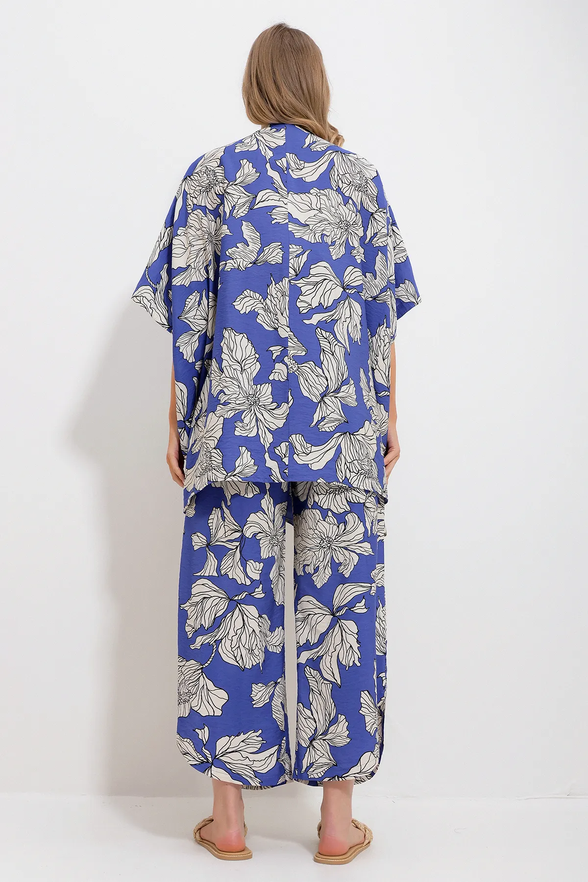 Trend Alaçatı Stili  Blaue Palazzo-Hose für Damen und gemusterter gewebter Viskose-Kimono-Set Alc-X11707