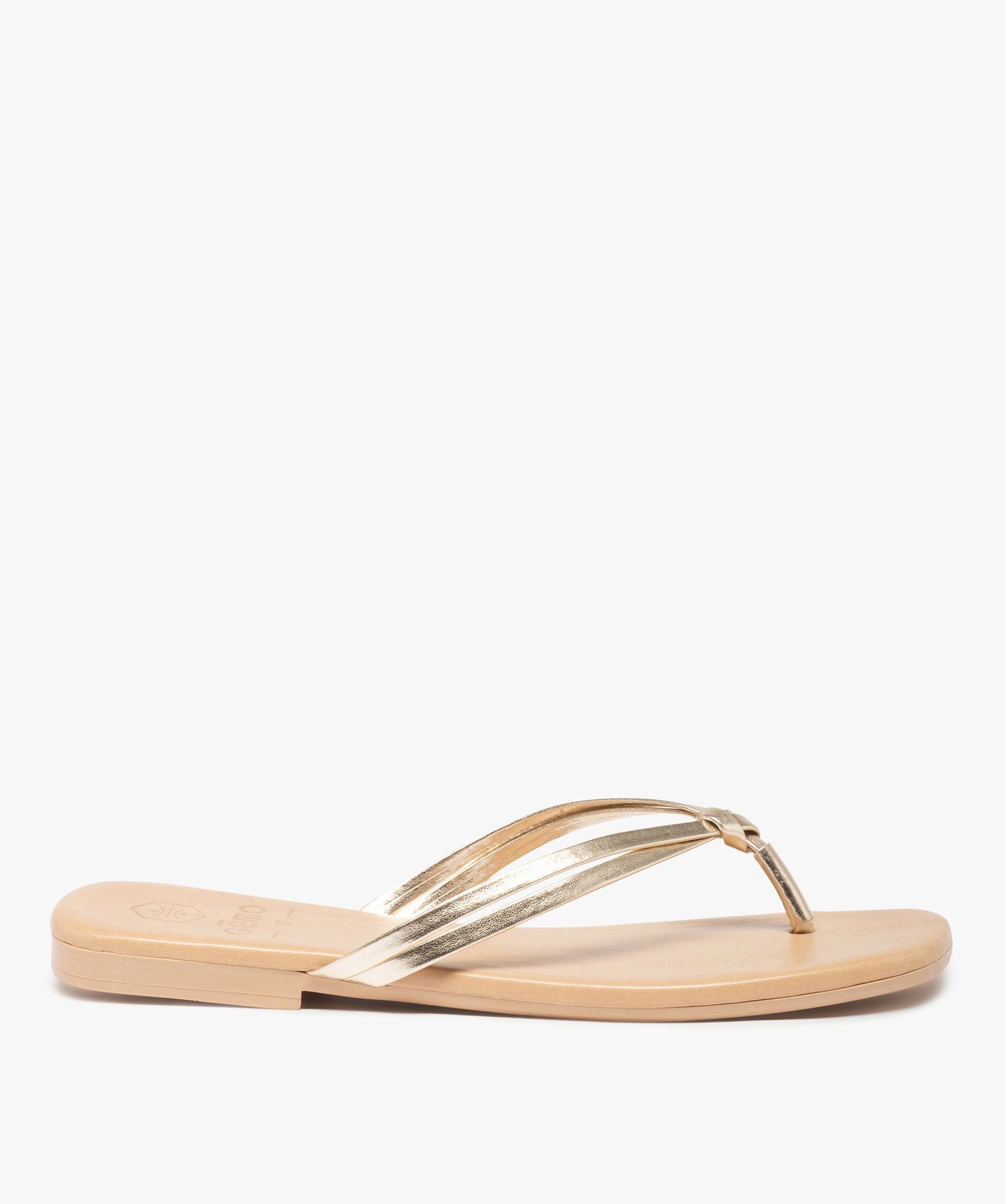 Tongs femme à talon plat unies et fines brides nouées or | GEMO