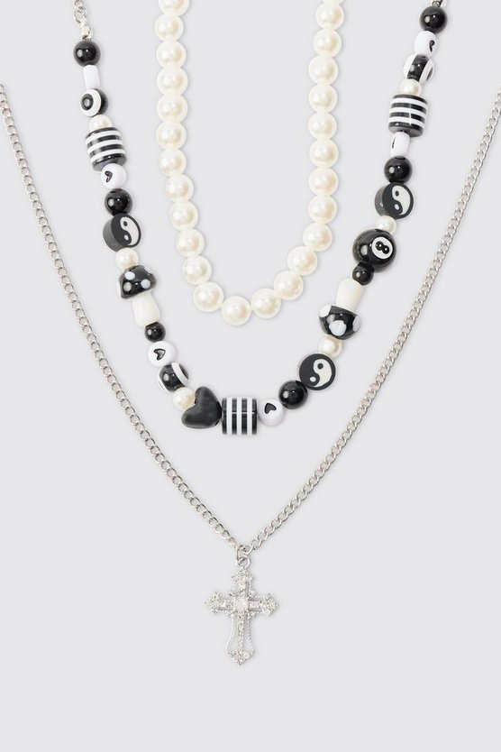 3er-Pack Perlenketten mit Kreuz-Anhänger in Silber