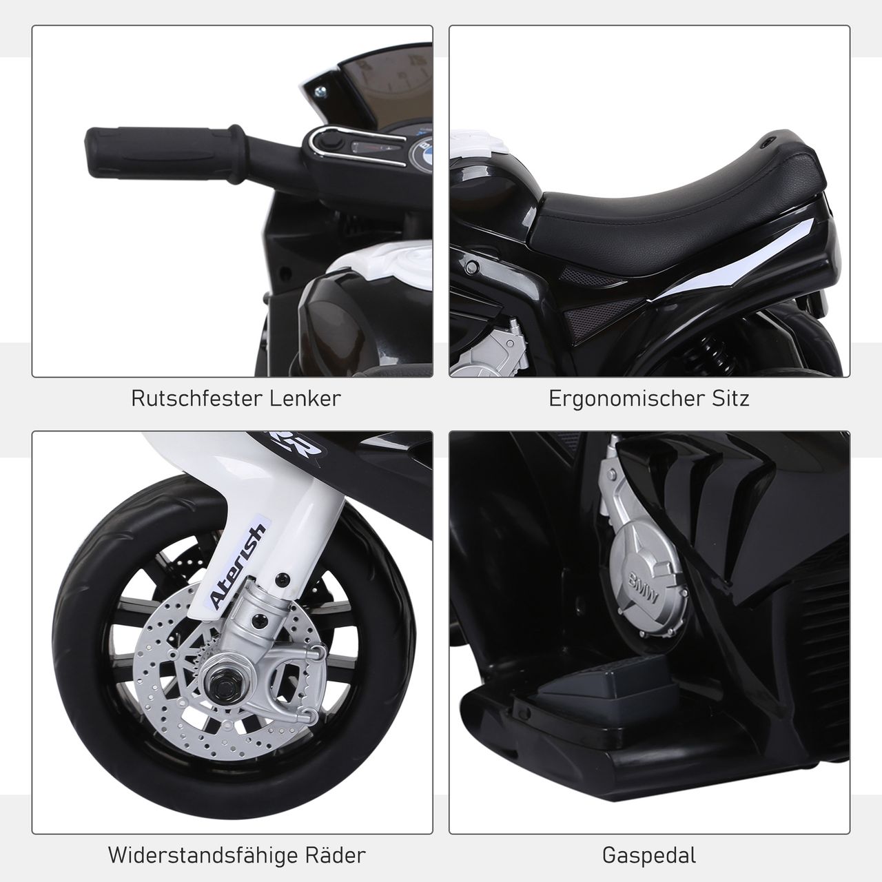 HOMCOM Elektro Kindermotorrad Kinderfahrzeug Lizensiert von BMW S1000RR Elektro-Dreirad mit Akku Stahl Schwarz 66 x 37 x 44 cm