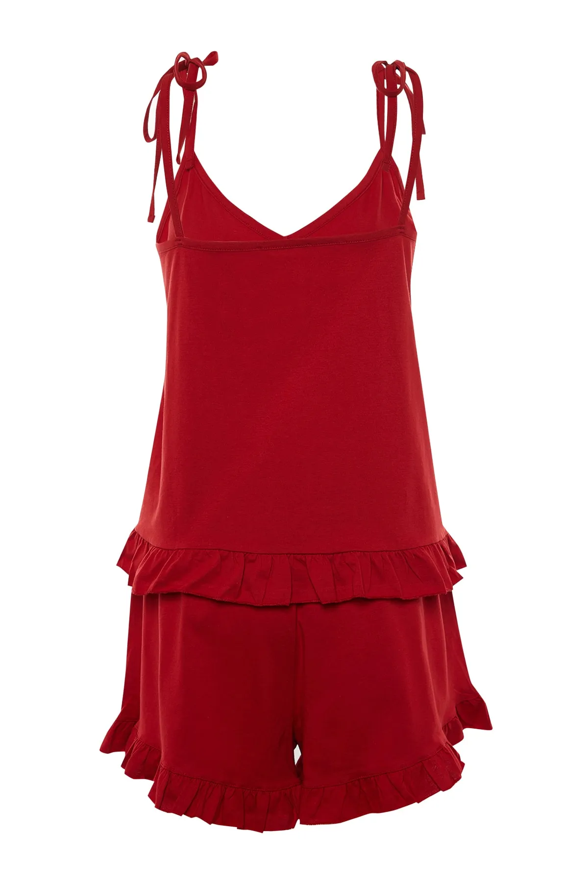 Trendyol Curve  Rotes Pyjama-Set mit gestrickten Rüschen und detailliertem Riemen TBSSS22PT0564