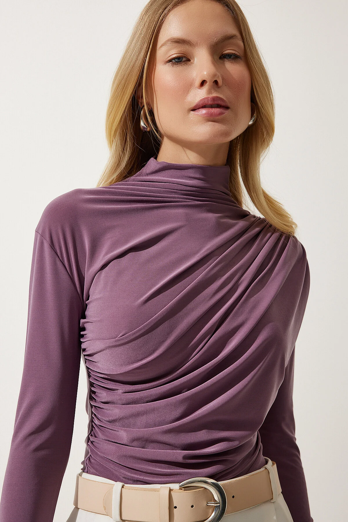 Happiness İstanbul  Lila Sandy Bluse mit Stehkragen und Kordelzug für Damen FF00135