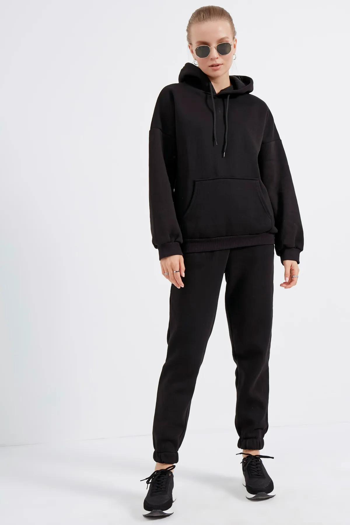 MEECY  Schwarzes Oversize-Trainingsanzugset aus Fleece mit Kapuze für Damen
