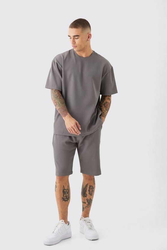 Textured Pleated Oversized Tee & Short Set