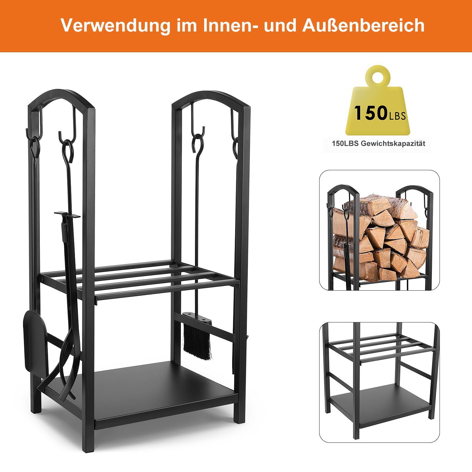 Femor Kaminholzregal, Brennholzregal mit 4 Werkzeugen, 75x40x30 cm