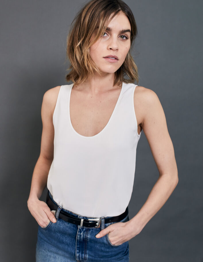 Top sans manches en crêpe surpiqûres argent femme