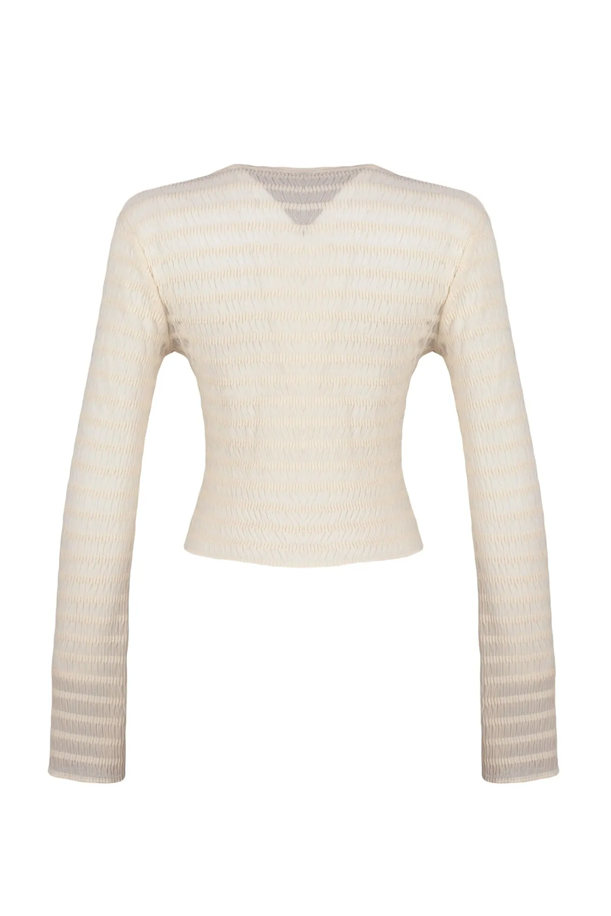 Trendyol Collection  Ecru Premium-Strickbluse mit strukturiertem V-Ausschnitt und dehnbarer Schleife zum Binden, detailliert TWOSS23BZ00796