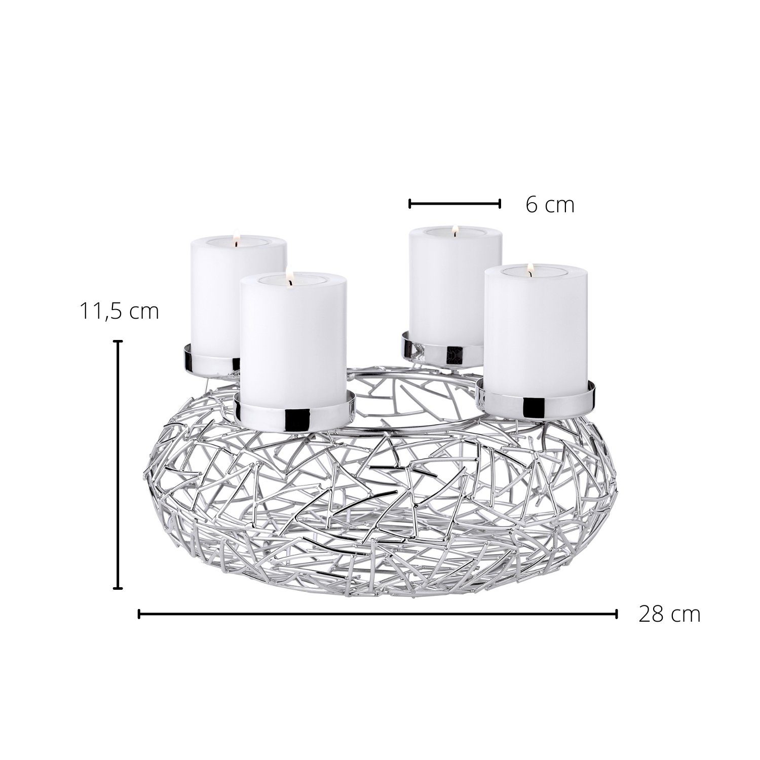EDZARD Adventskranz Milano M, (28 cm) Kerzenhalter für Stumpenkerzen, Adventsleuchter als Weihnachtsdeko für 4 Kerzen á Ø 6 cm, Kerzenkranz als Tischdeko mit Silber-Optik, vernickelt