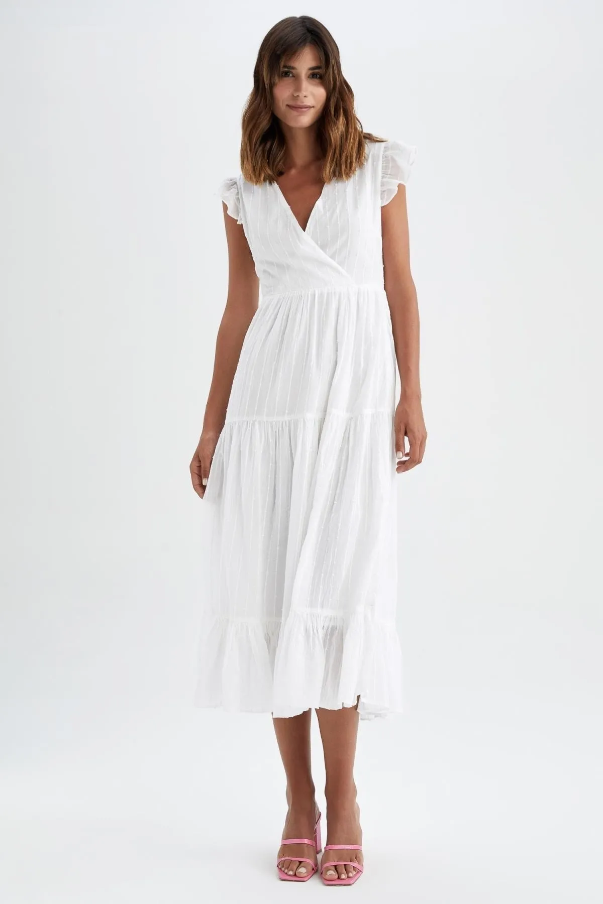 DeFacto  Voile-Maxi-Trägerkleid mit V-Ausschnitt und kurzen Ärmeln