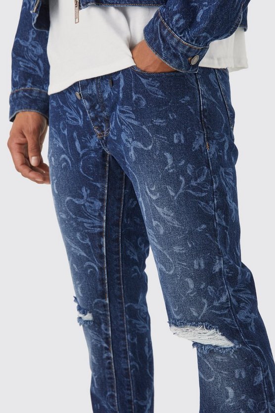 Slim-Fit Schlagjeans mit Laser-Print